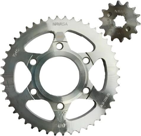 Juego/par de engranes/sprockets (2 piezas), delantero (paso 428, 14 dientes) y trasero (paso 428, 46 dientes, y 6 birlos)
