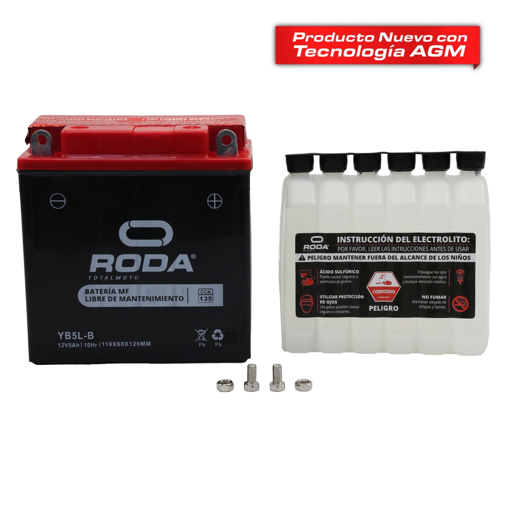 ACUMULADOR RODA MF C/ELECTROLITO (YB5L-B) 12V 5A Bateria pila