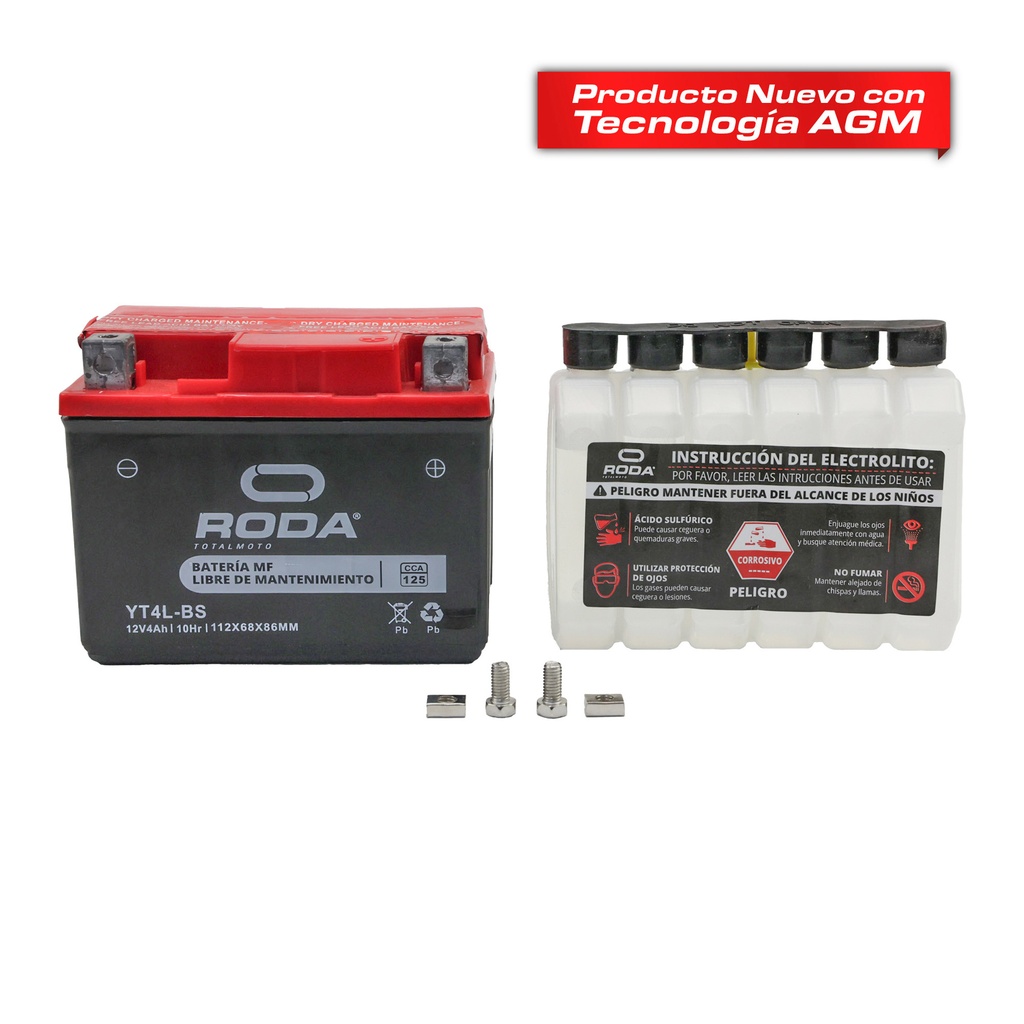 ACUMULADOR RODA MF C/ELECTROLITO (YT4L-BS) 12V 3A Bateria pila