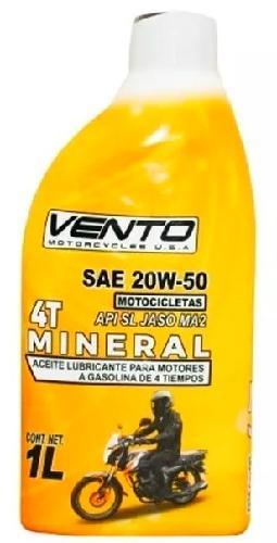 Aceite de motor 4 tiempos mineral. Marca vento, 20w 50 API SL JASO MA2 (1L)