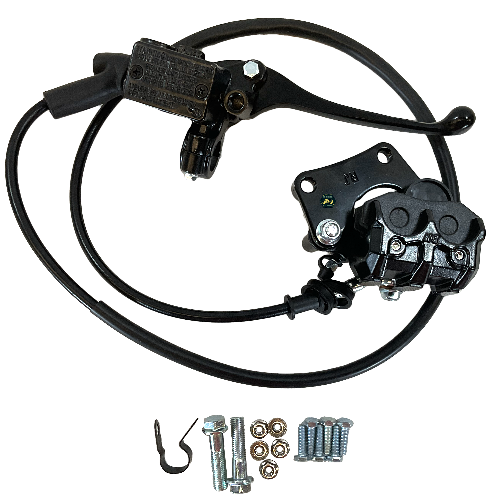 Sistema de freno delantero completo (incluye balatas, bomba, caliper/mordaza color negro, manguera, base/soporte de caliper/mordaza)