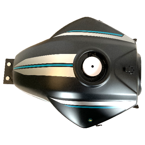 Deposito/tanque de combustible/gasolina, color negro, material metal, XX litros, con stickers color azul y blanco