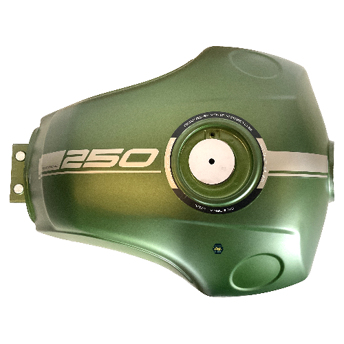 Deposito/tanque de combustible/gasolina, color verde mate, material metal, XX litros, con stickers 250 color dorado
